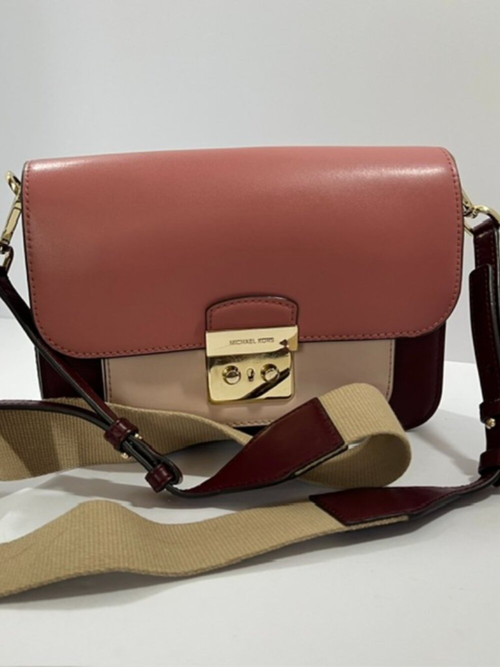 Michael Kors Sloan Editor Shoulder Bag in Tri-colored Leather, Oxblood/Gold HW